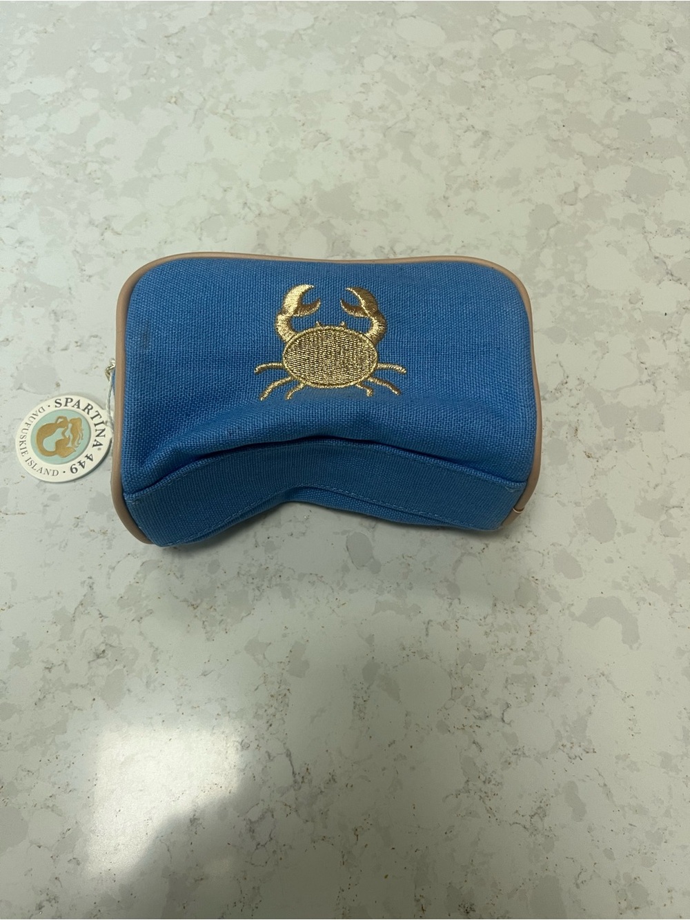 Spartina 449 Blue Cosmetic Pouch with Gold Crab Embroidery